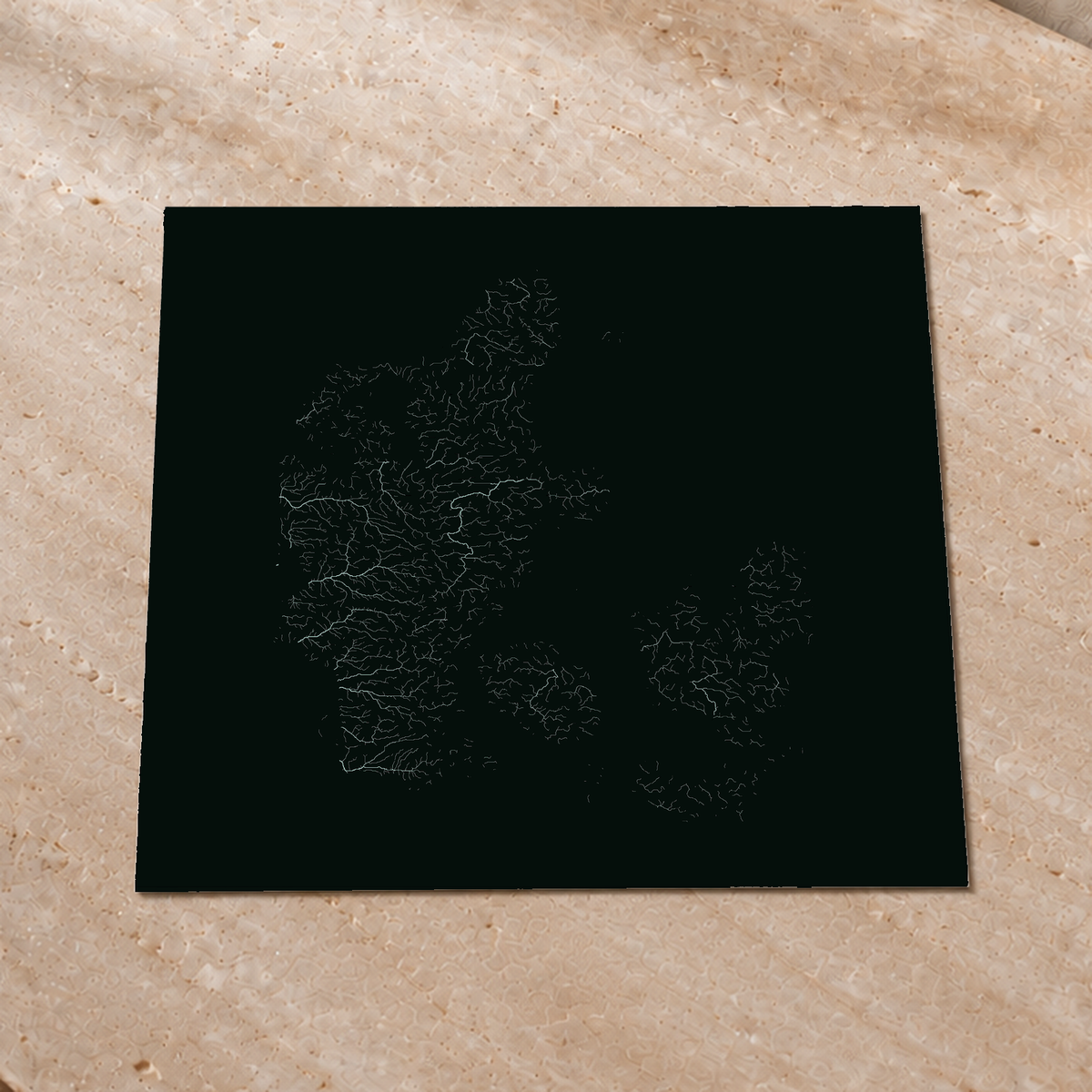 Hydrographic map — Denmark, monochrome glow, Glow-in-the-dark poster, 76 × 76 cm, in a premium interior setting