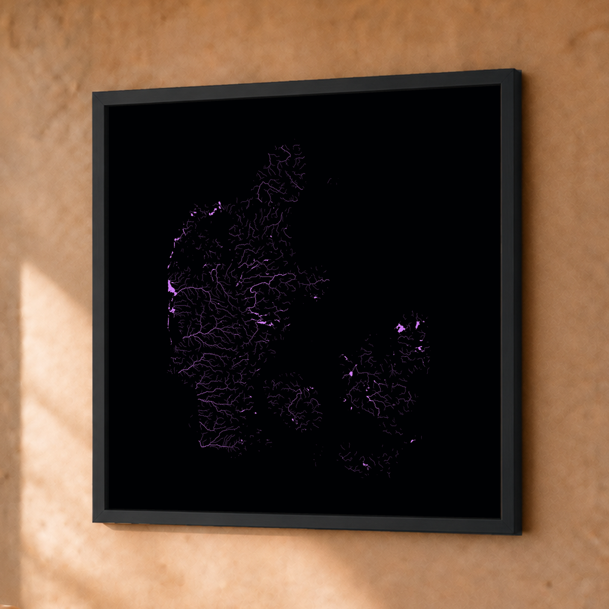 Beautiful Rivers — Dinamarca — Neon hidrográfico, Fine art emoldurado · 30 × 30 cm, Preto · Sem margem