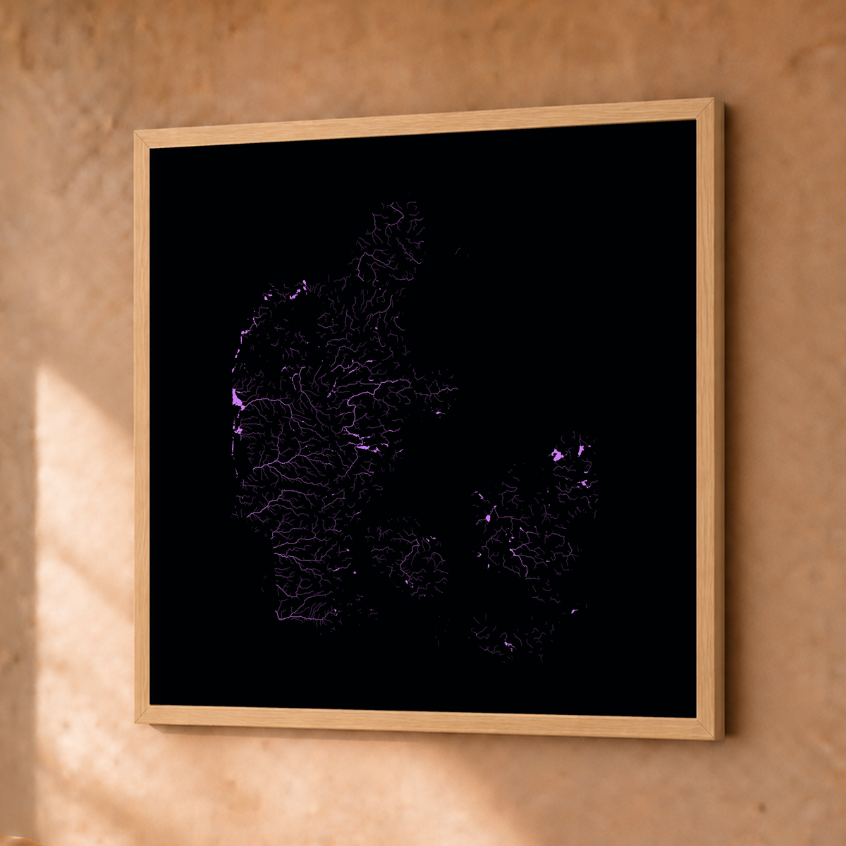 Beautiful Rivers — Dinamarca — Neon hidrográfico, Fine art emoldurado · 30 × 30 cm, Natural · Sem margem
