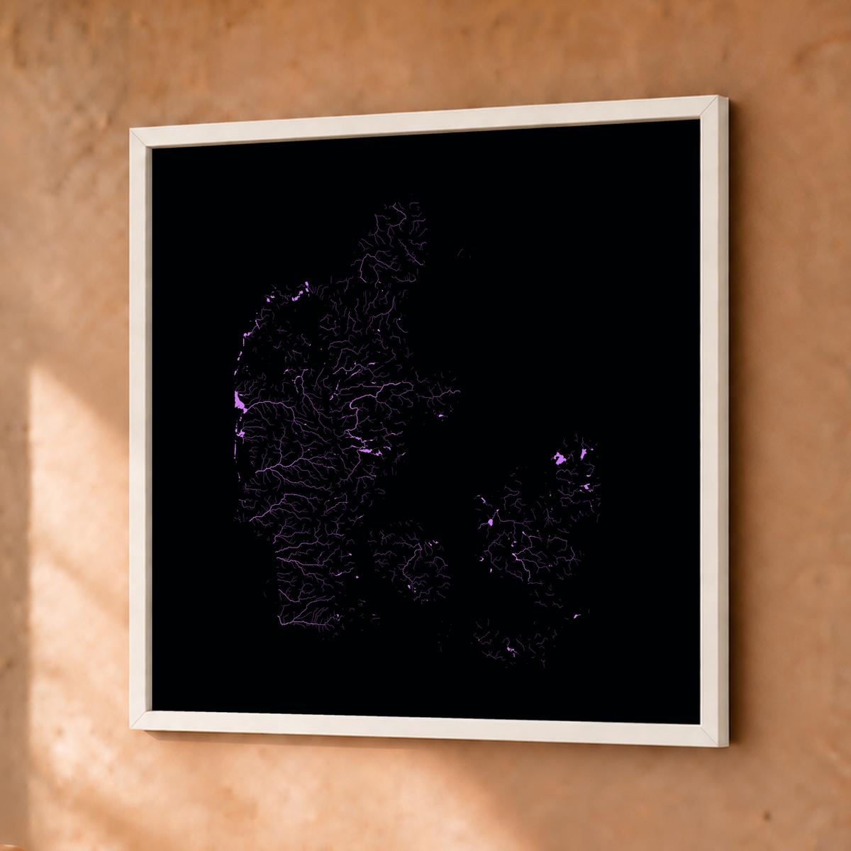 Beautiful Rivers — Dinamarca — Neon hidrográfico, Fine art emoldurado · 30 × 30 cm, Branco · Sem margem