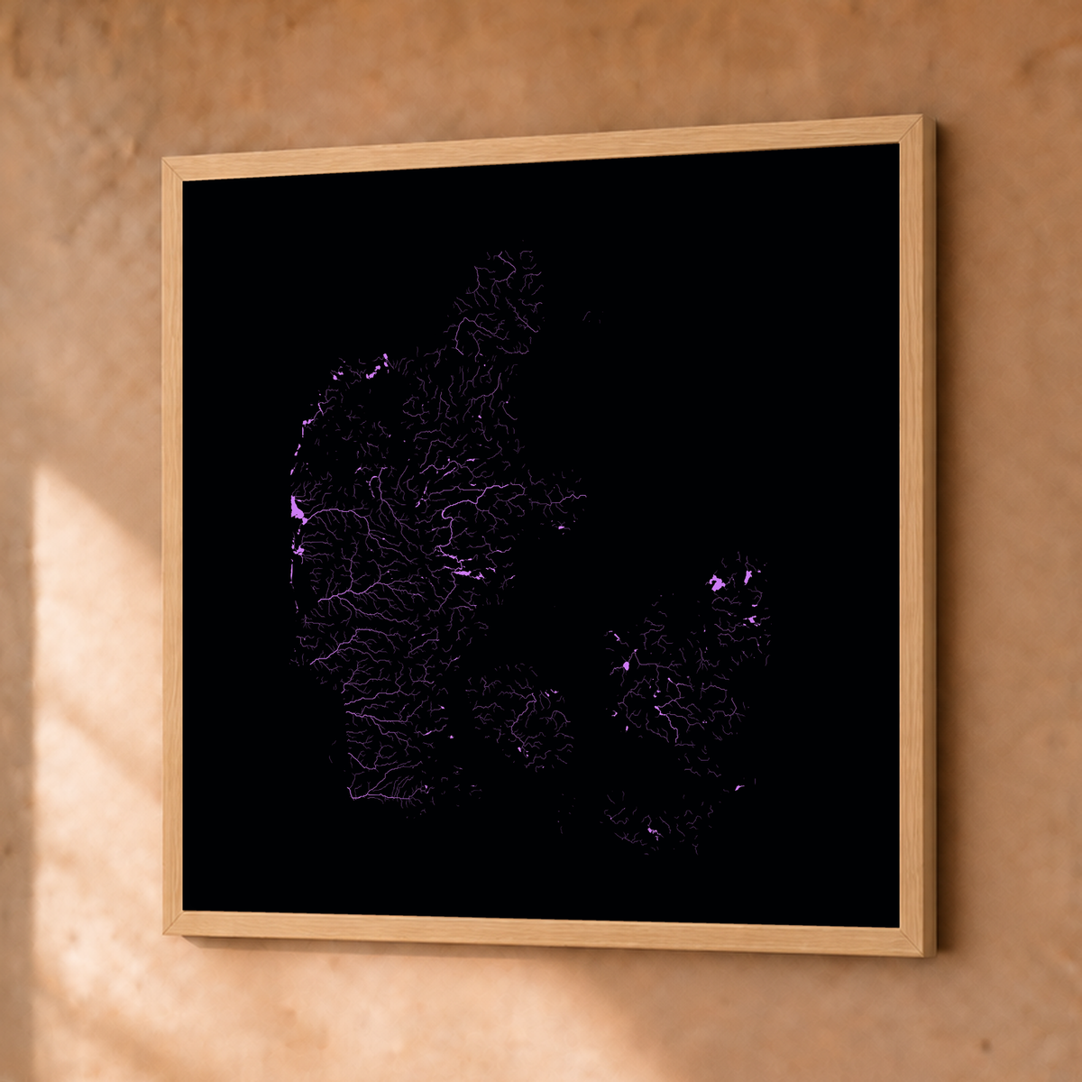 Beautiful Rivers — Dinamarca — Neon hidrográfico, Fine art emoldurado · 50 × 50 cm, Natural · Sem margem