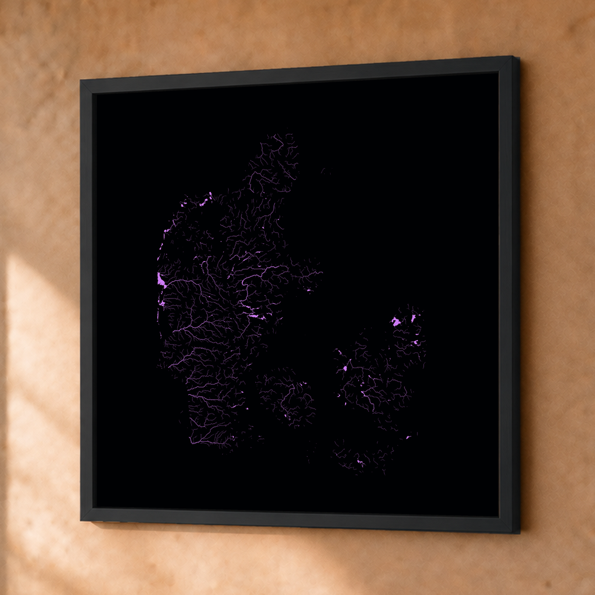 Beautiful Rivers — Dinamarca — Neon hidrográfico, Fine art emoldurado · 76 × 76 cm, Preto · Sem margem