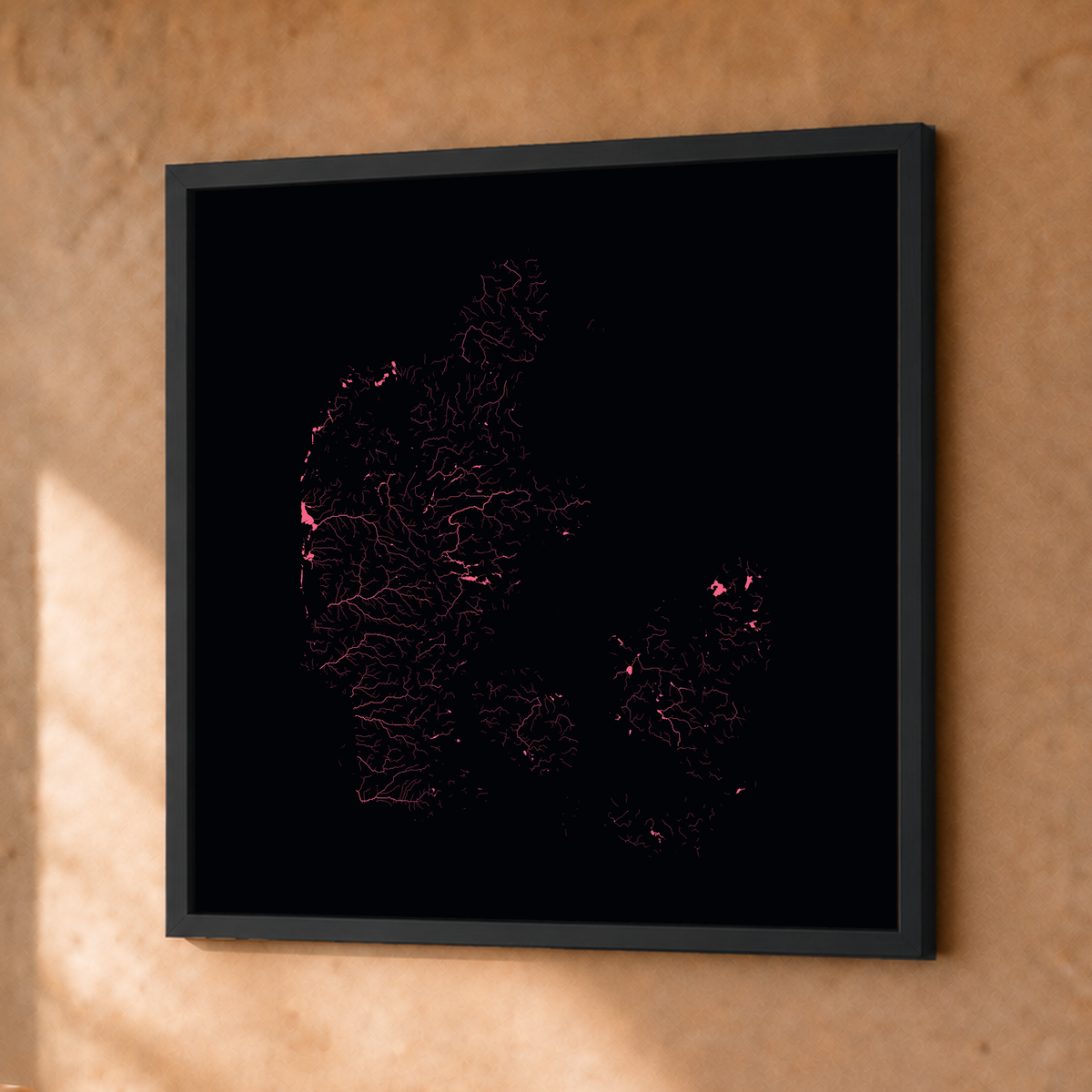 Beautiful Rivers — Dinamarca — Neon por território, Fine art emoldurado · 30 × 30 cm, Preto · Sem margem