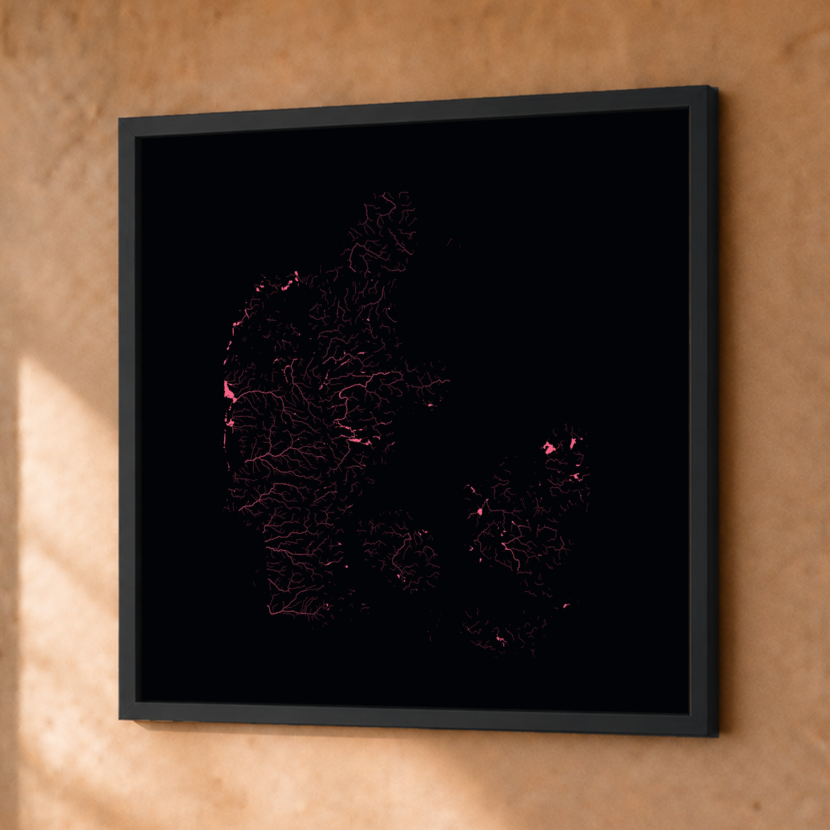 Beautiful Rivers — Dinamarca — Neon por território, Fine art emoldurado · 50 × 50 cm, Preto · Sem margem