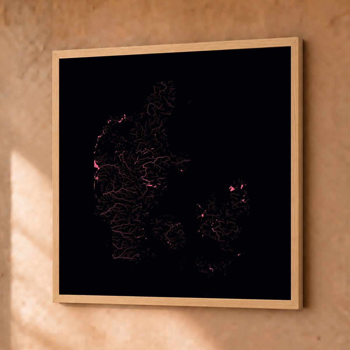 Beautiful Rivers — Dinamarca — Neon por território, Fine art emoldurado · 50 × 50 cm, Natural · Sem margem