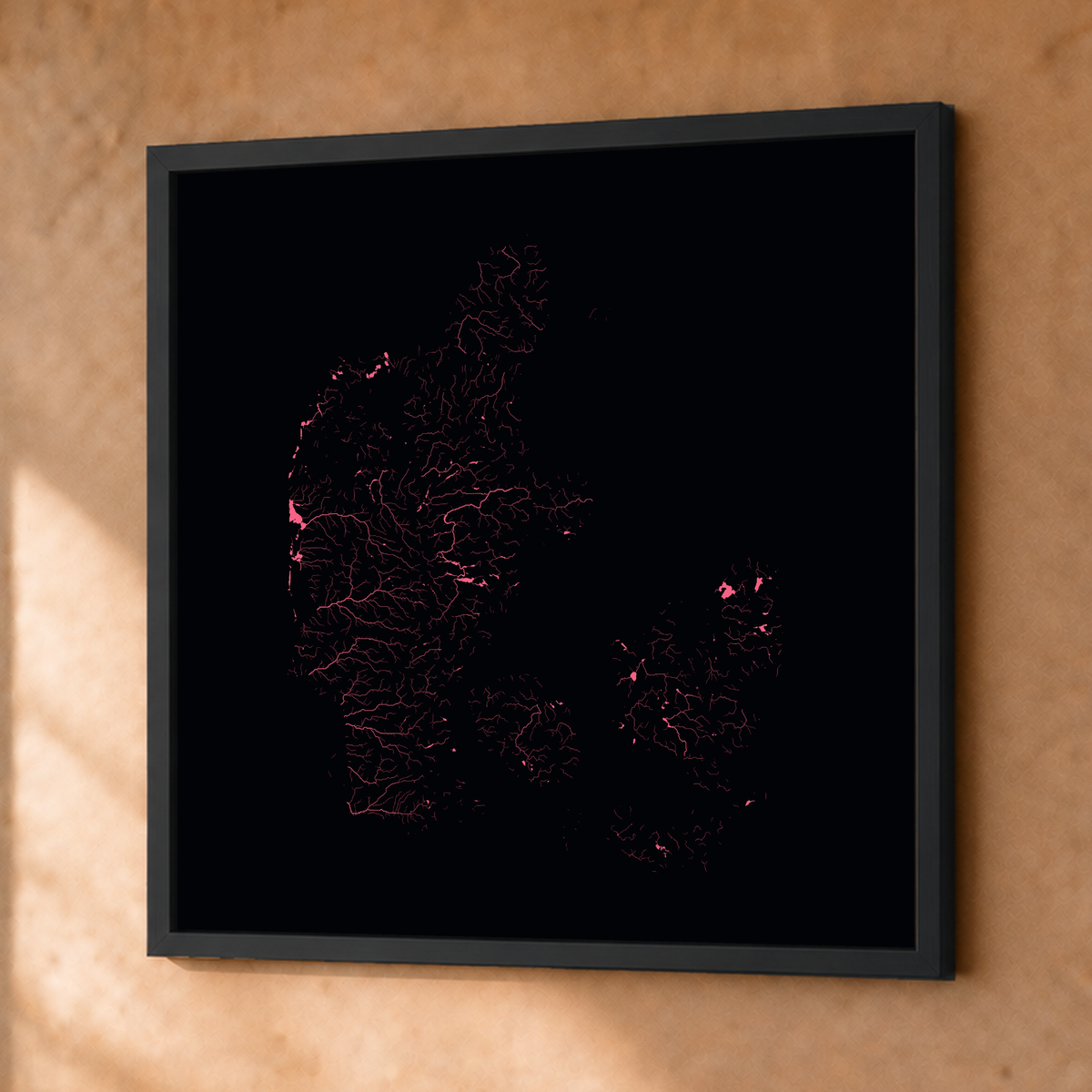 Beautiful Rivers — Dinamarca — Neon por território, Fine art emoldurado · 76 × 76 cm, Preto · Sem margem