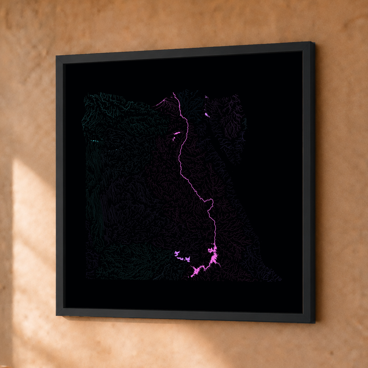 Beautiful Rivers — Egito — Neon hidrográfico, Fine art emoldurado · 30 × 30 cm, Preto · Sem margem