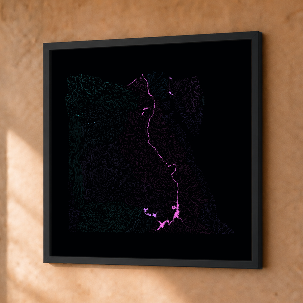 Beautiful Rivers — Egito — Neon hidrográfico, Fine art emoldurado · 50 × 50 cm, Preto · Sem margem