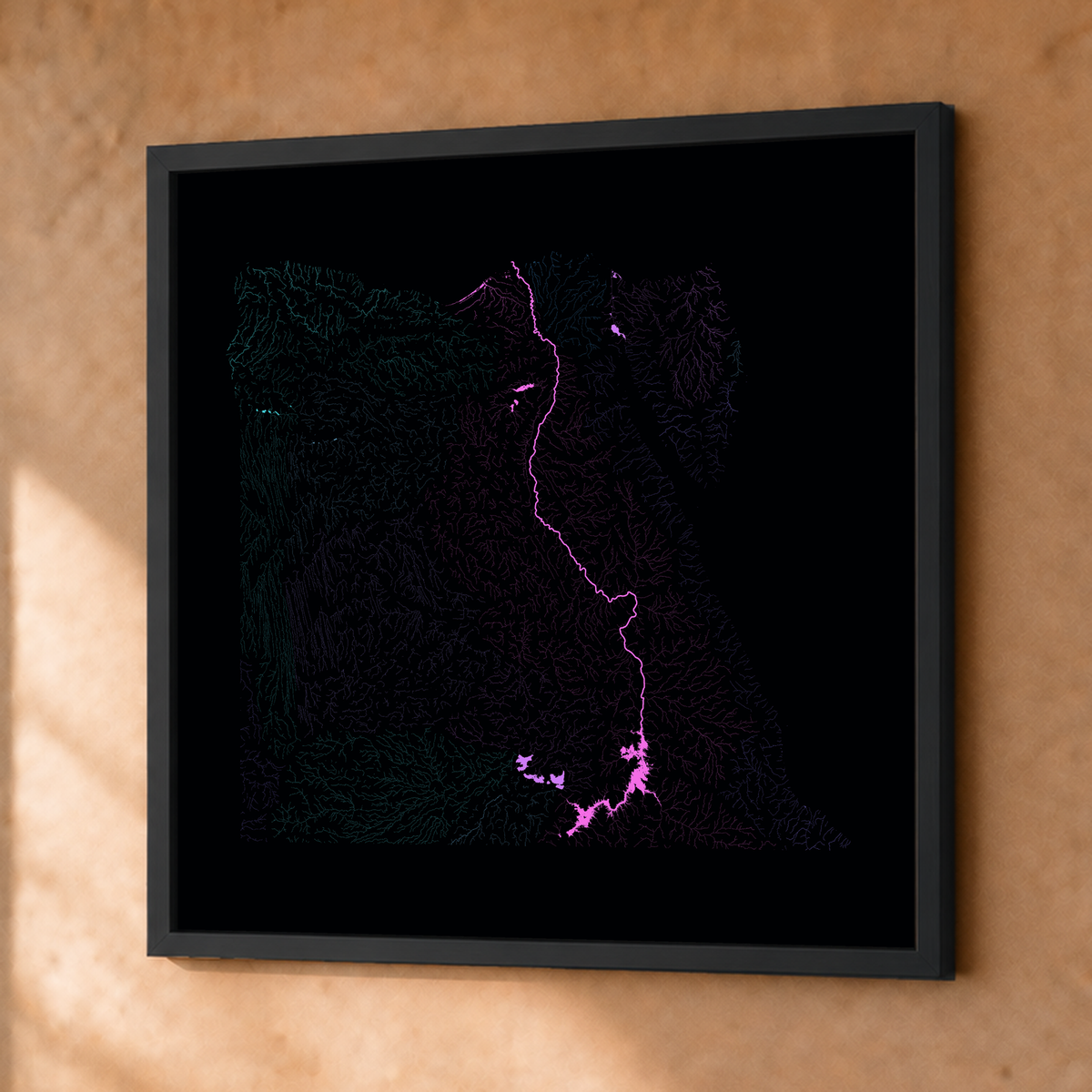 Beautiful Rivers — Egito — Neon hidrográfico, Fine art emoldurado · 76 × 76 cm, Preto · Sem margem