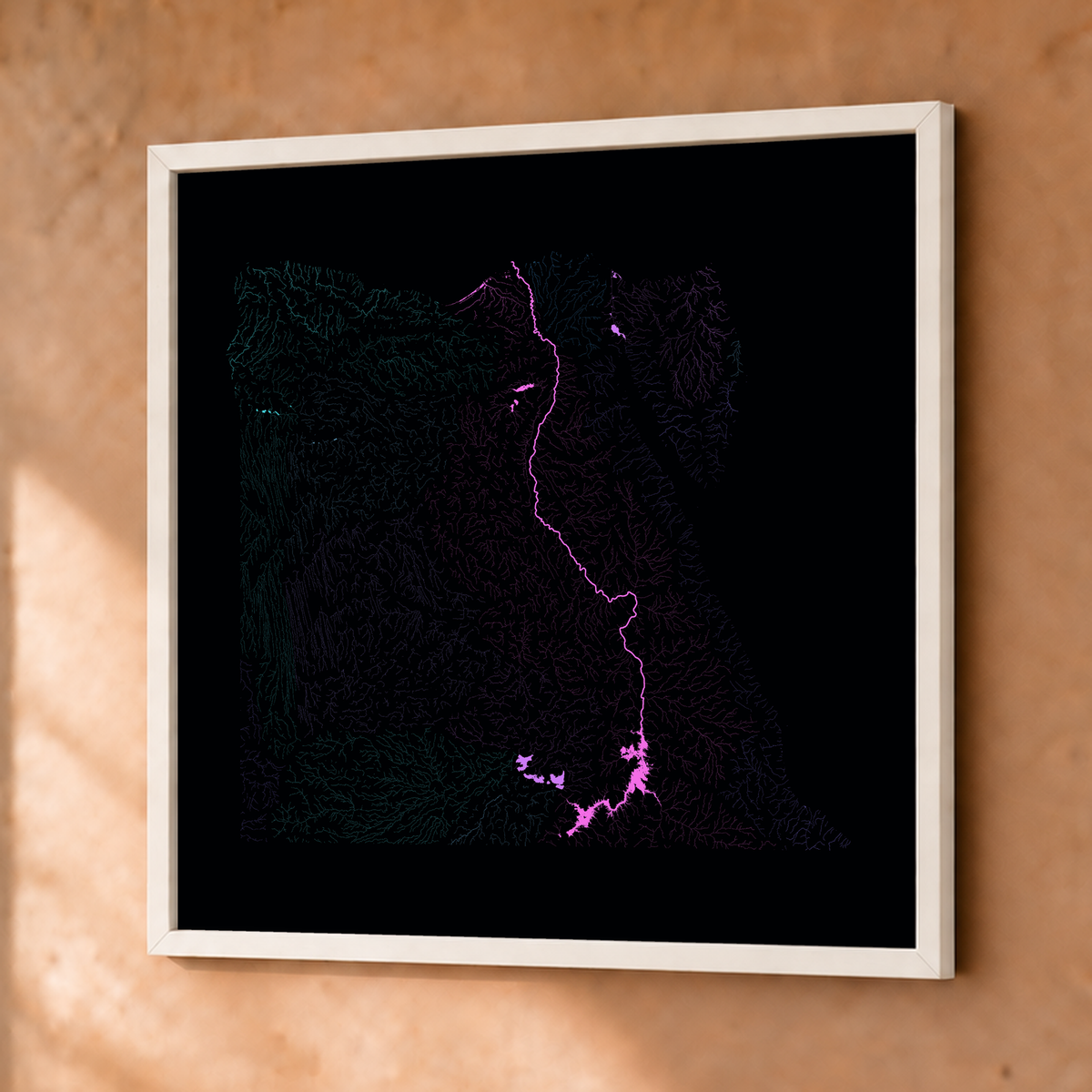 Beautiful Rivers — Egito — Neon hidrográfico, Fine art emoldurado · 76 × 76 cm, Branco · Sem margem