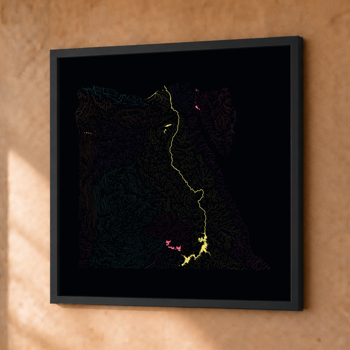 Beautiful Rivers — Egito — Neon por território, Fine art emoldurado · 50 × 50 cm, Preto · Sem margem