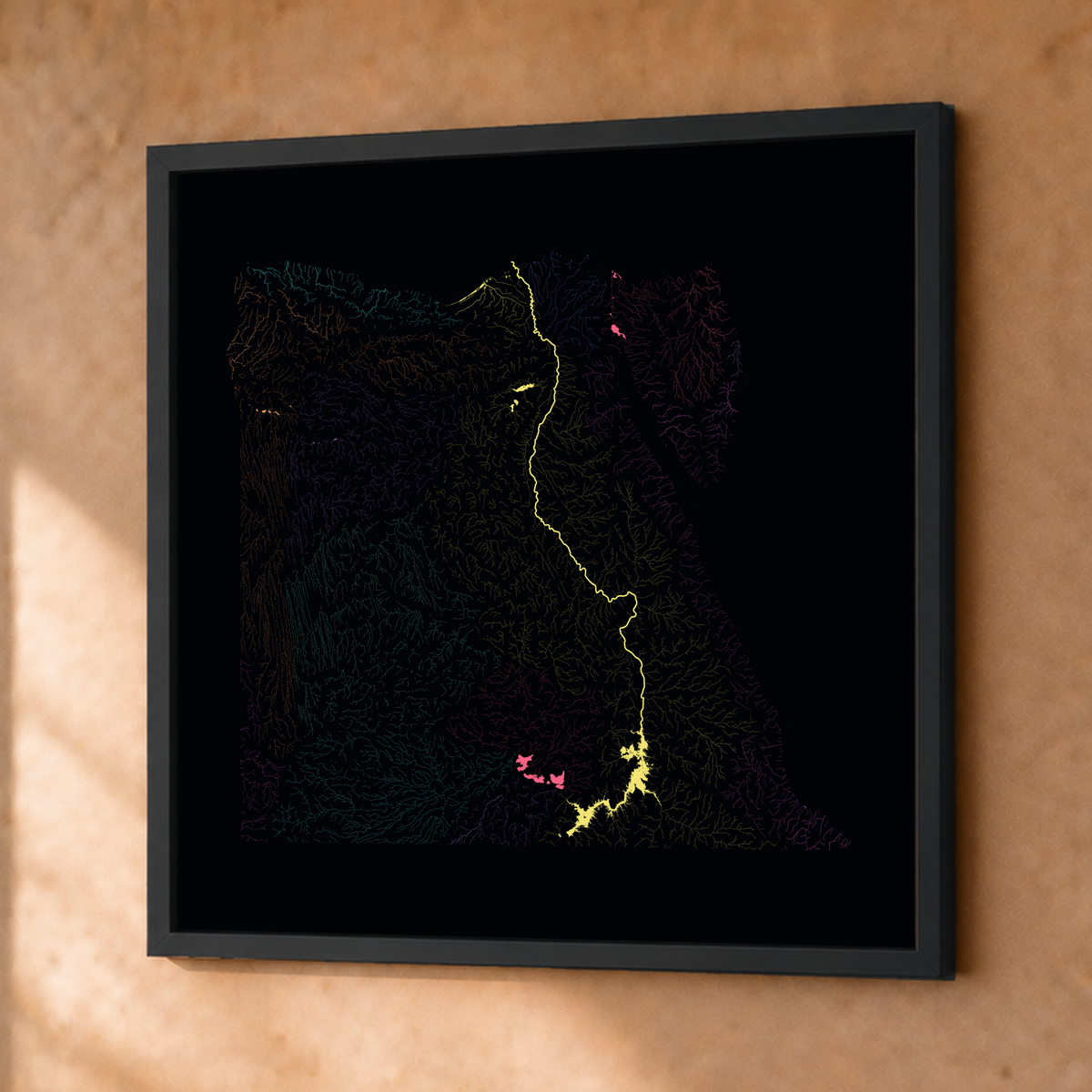 Beautiful Rivers — Egito — Neon por território, Fine art emoldurado · 76 × 76 cm, Preto · Sem margem