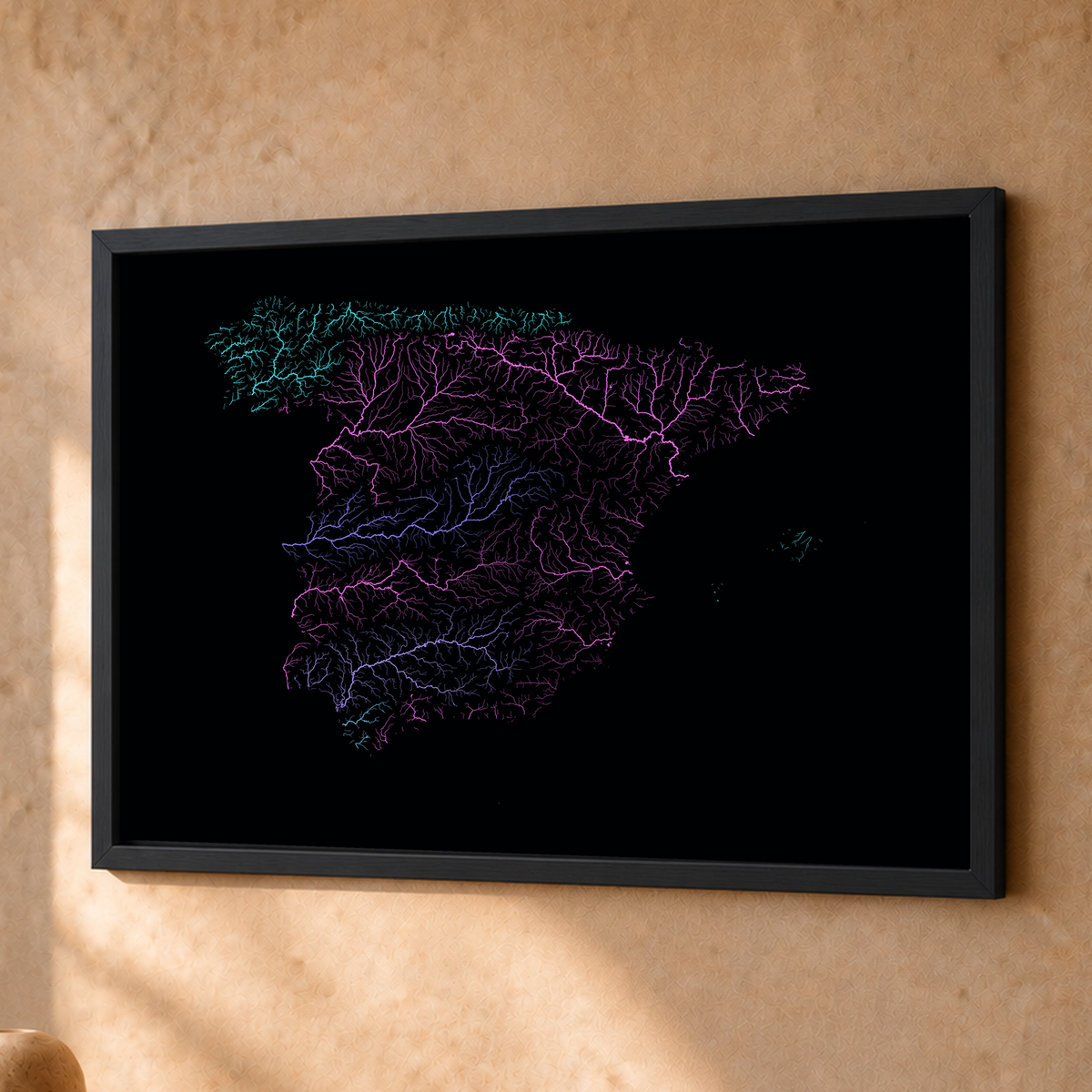 Beautiful Rivers — Espanha — Neon hidrográfico, Fine art emoldurado · 30 × 40 cm, Preto · Sem margem