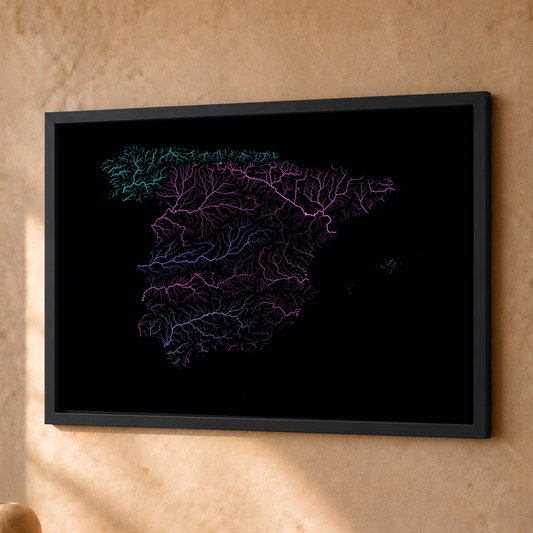 Beautiful Rivers — Espanha — Neon hidrográfico, Fine art emoldurado · 30 × 40 cm, Preto · Sem margem