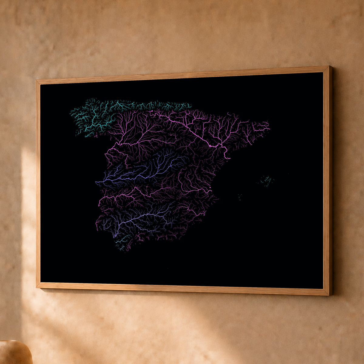 Beautiful Rivers — Espanha — Neon hidrográfico, Fine art emoldurado · 30 × 40 cm, Natural · Sem margem