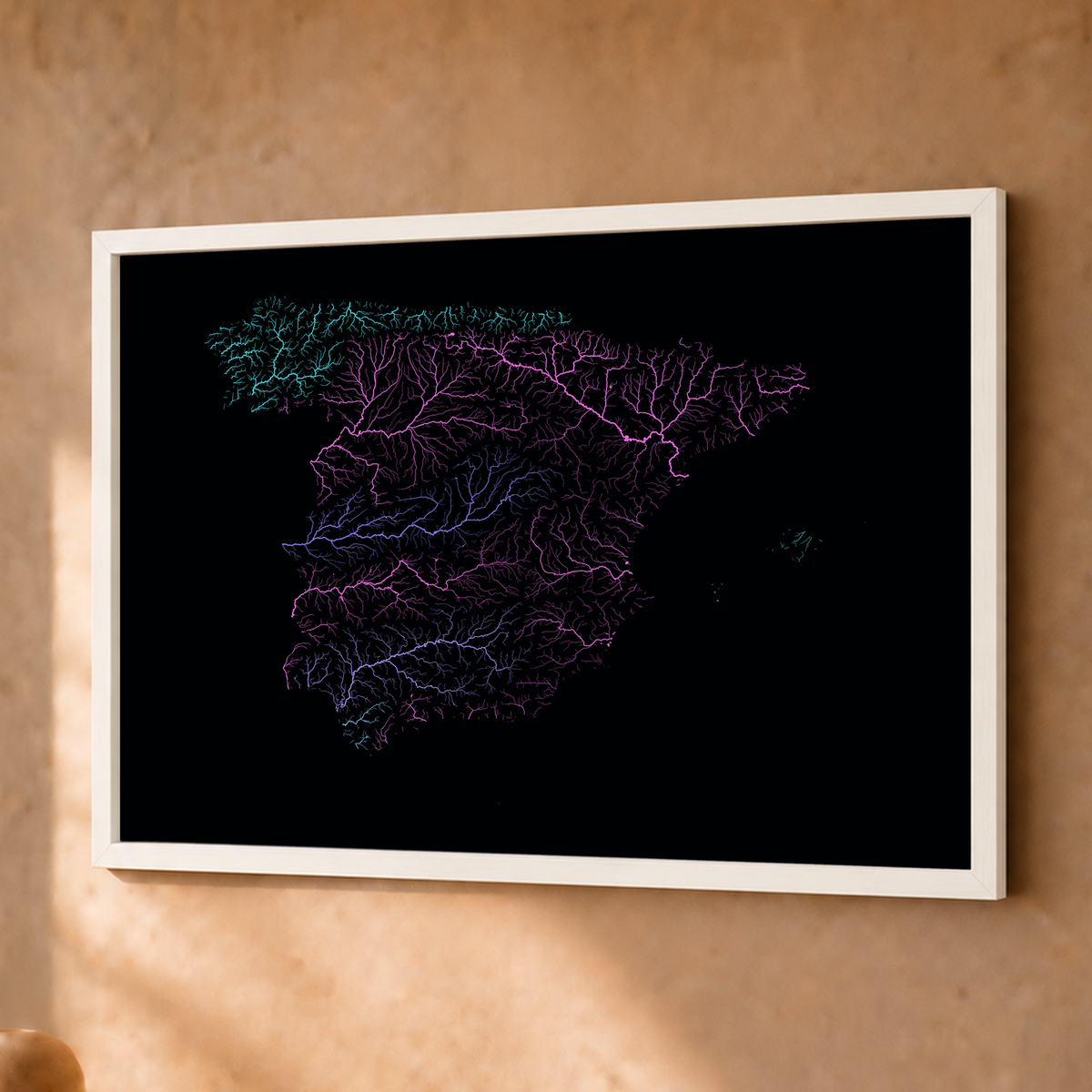 Beautiful Rivers — Espanha — Neon hidrográfico, Fine art emoldurado · 30 × 40 cm, Branco · Sem margem