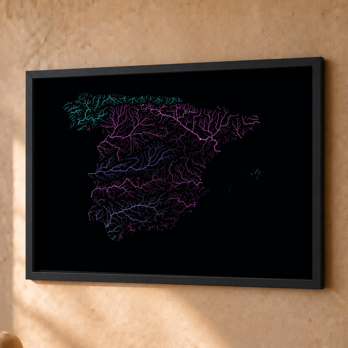 Beautiful Rivers — Espanha — Neon hidrográfico, Fine art emoldurado · 45 × 60 cm, Preto · Sem margem