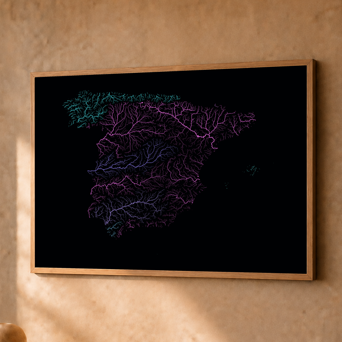 Beautiful Rivers — Espanha — Neon hidrográfico, Fine art emoldurado · 45 × 60 cm, Natural · Sem margem