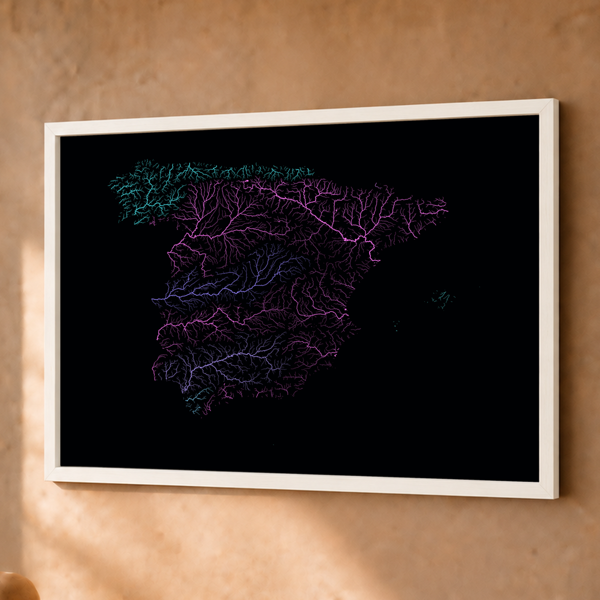 Beautiful Rivers — Espanha — Neon hidrográfico, Fine art emoldurado · 45 × 60 cm, Branco · Sem margem