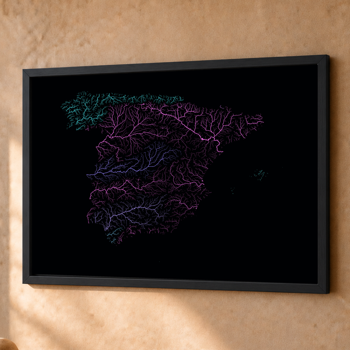 Beautiful Rivers — Espanha — Neon hidrográfico, Fine art emoldurado · 60 × 80 cm, Preto · Sem margem