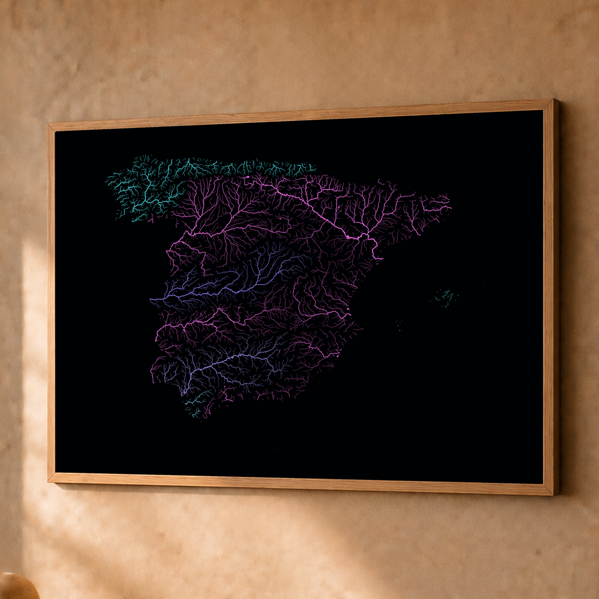 Beautiful Rivers — Espanha — Neon hidrográfico, Fine art emoldurado · 60 × 80 cm, Natural · Sem margem