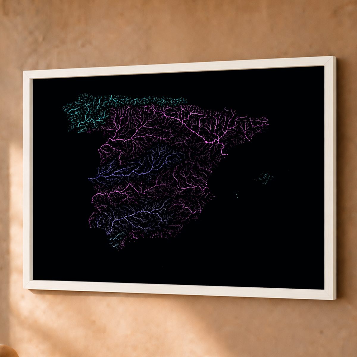 Beautiful Rivers — Espanha — Neon hidrográfico, Fine art emoldurado · 60 × 80 cm, Branco · Sem margem