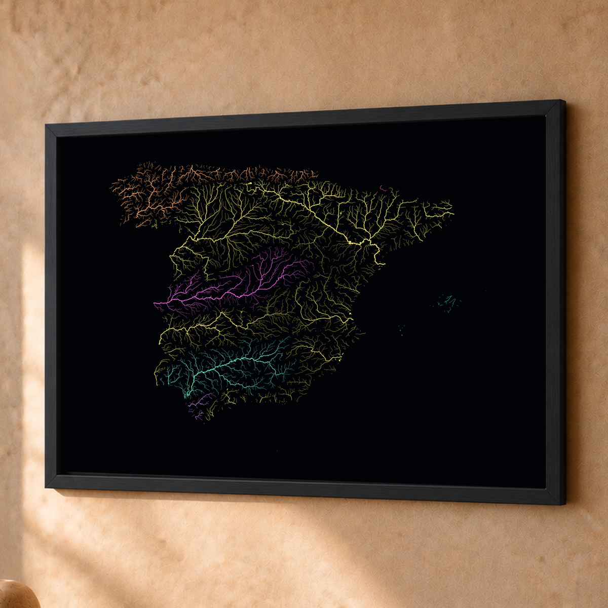 Beautiful Rivers — Espanha — Neon por território, Fine art emoldurado · 45 × 60 cm, Preto · Sem margem