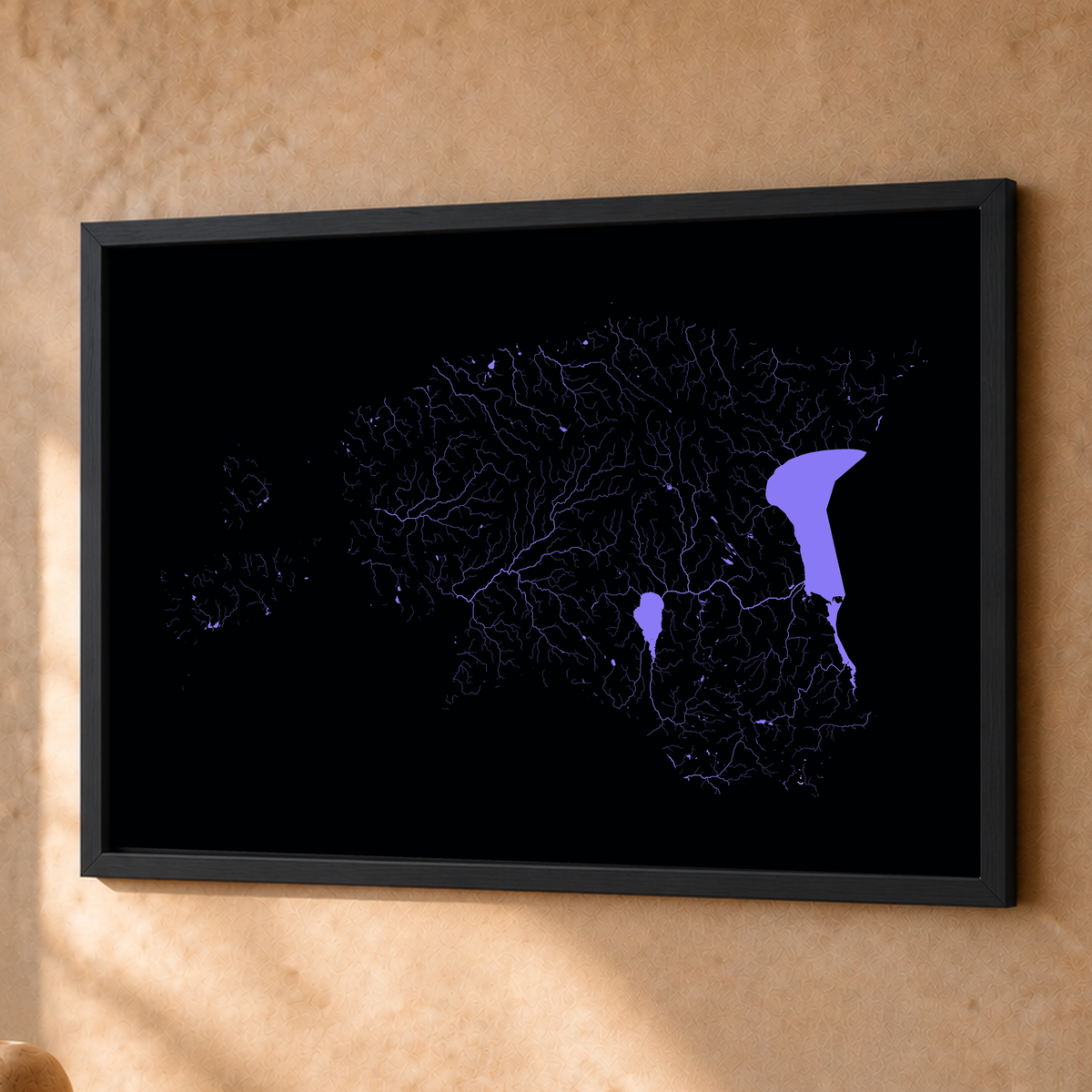 Beautiful Rivers — Estónia — Neon hidrográfico, Fine art emoldurado · 45 × 60 cm, Preto · Sem margem