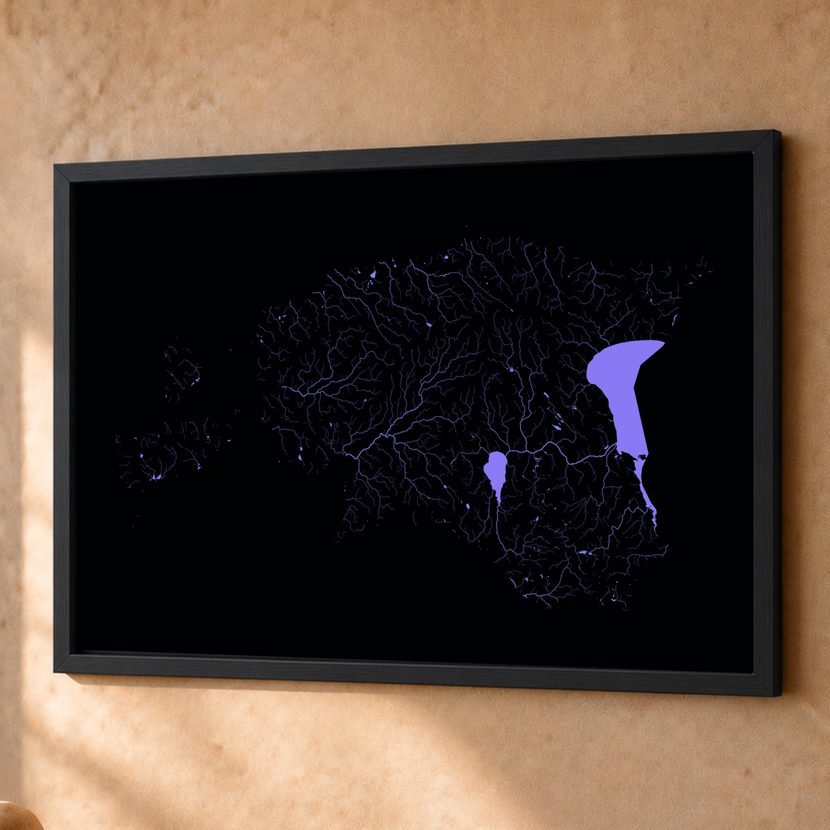 Beautiful Rivers — Estónia — Neon hidrográfico, Fine art emoldurado · 60 × 80 cm, Preto · Sem margem