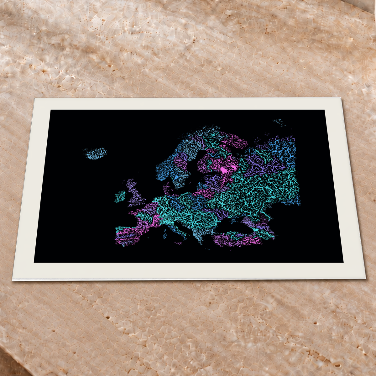 Beautiful Rivers — Europa — Neon hidrográfico, Impressão fine art · 45 × 60 cm, Margem branca