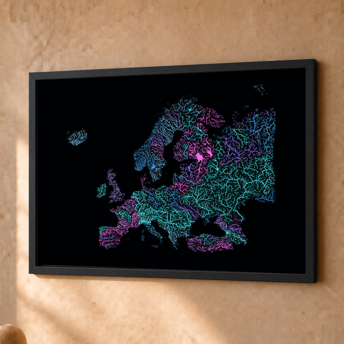 Beautiful Rivers — Europa — Neon hidrográfico, Fine art emoldurado · 30 × 40 cm, Preto · Sem margem