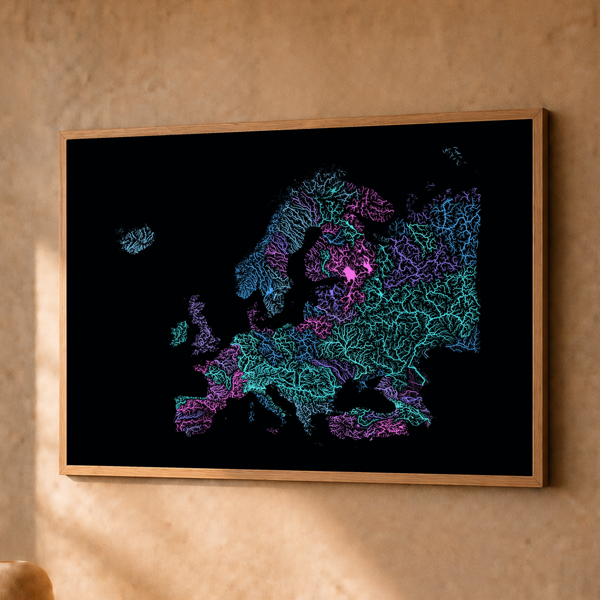Beautiful Rivers — Europa — Neon hidrográfico, Fine art emoldurado · 30 × 40 cm, Natural · Sem margem