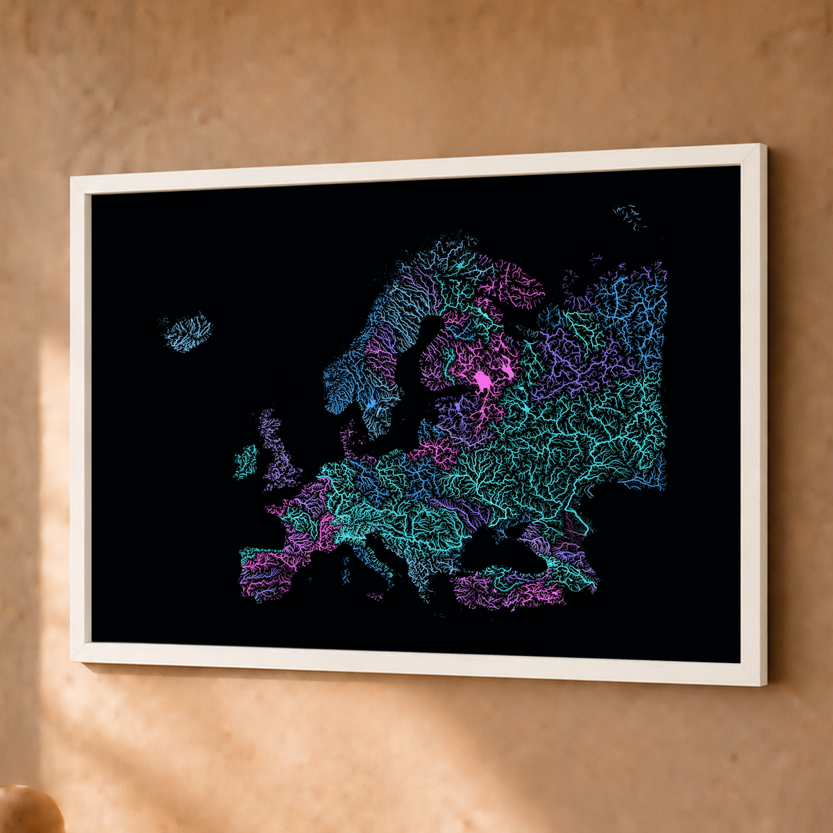 Beautiful Rivers — Europa — Neon hidrográfico, Fine art emoldurado · 30 × 40 cm, Branco · Sem margem