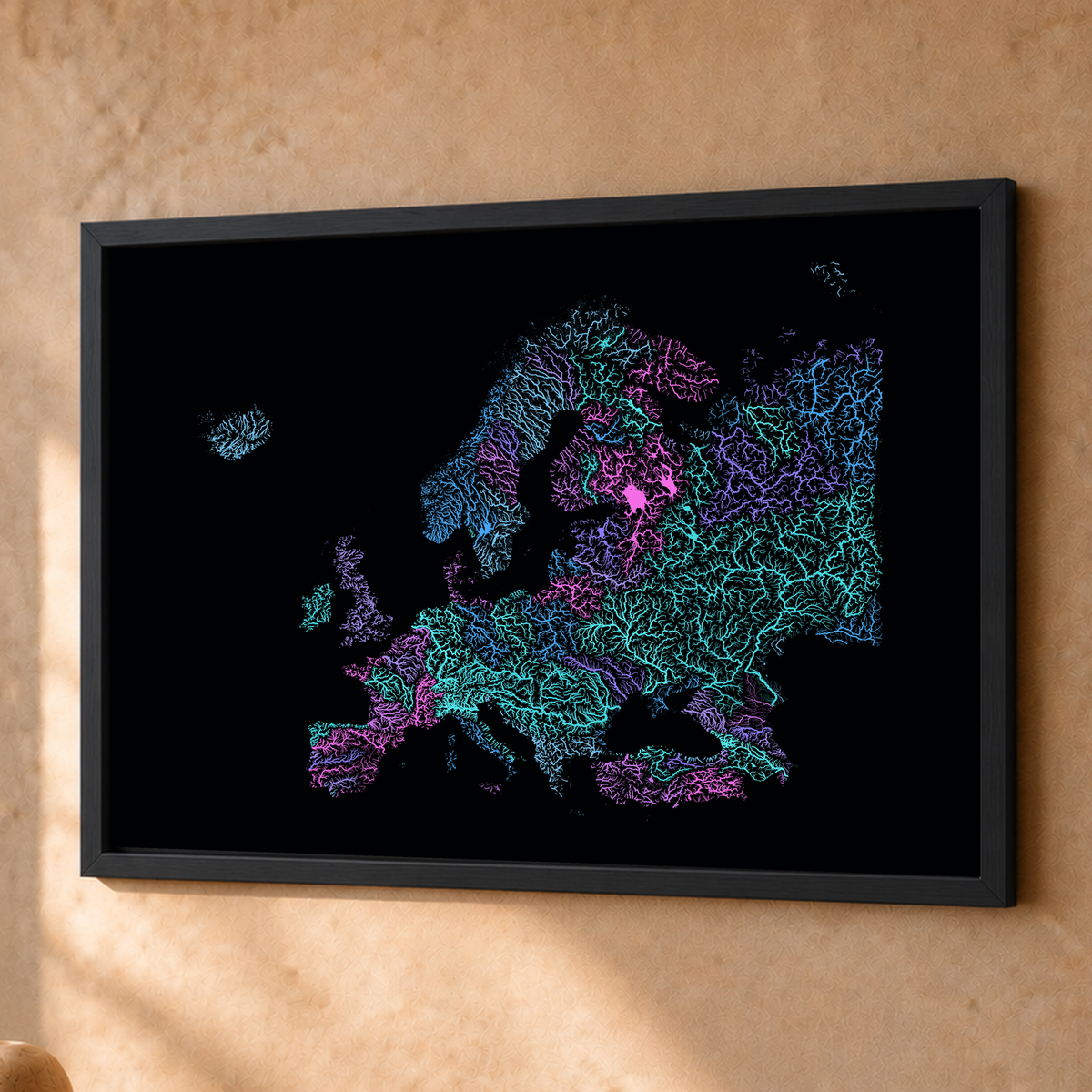 Beautiful Rivers — Europa — Neon hidrográfico, Fine art emoldurado · 45 × 60 cm, Preto · Sem margem