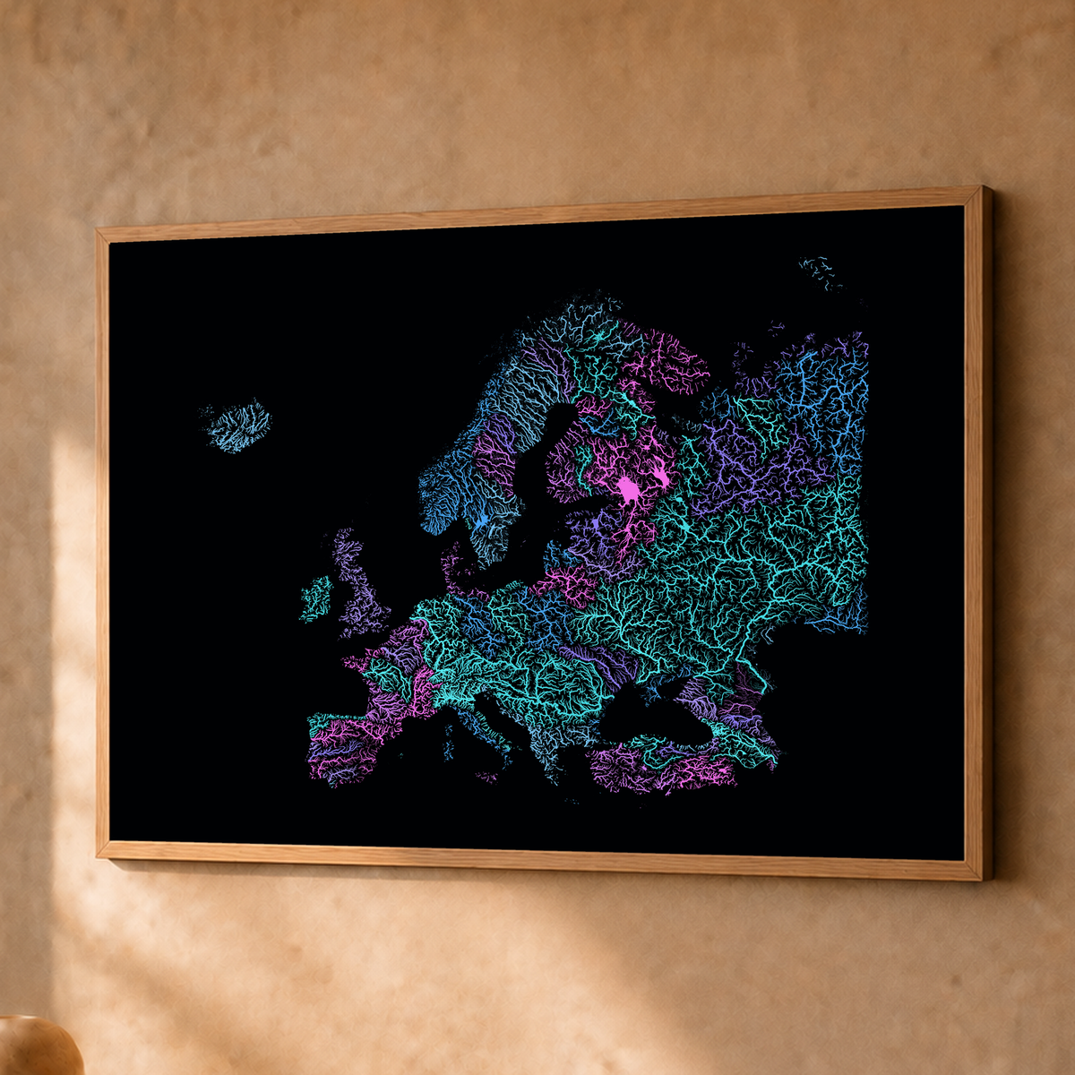 Beautiful Rivers — Europa — Neon hidrográfico, Fine art emoldurado · 45 × 60 cm, Natural · Sem margem