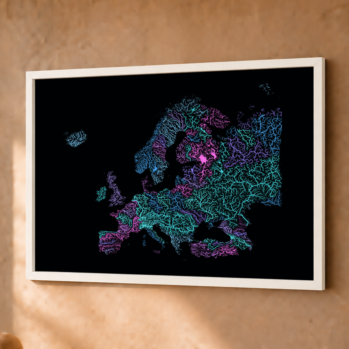 Beautiful Rivers — Europa — Neon hidrográfico, Fine art emoldurado · 45 × 60 cm, Branco · Sem margem