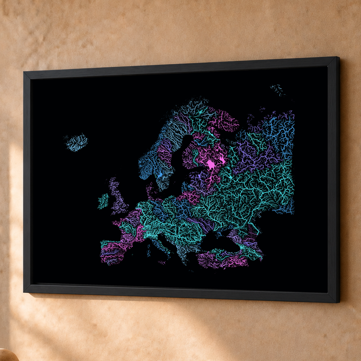 Beautiful Rivers — Europa — Neon hidrográfico, Fine art emoldurado · 60 × 80 cm, Preto · Sem margem