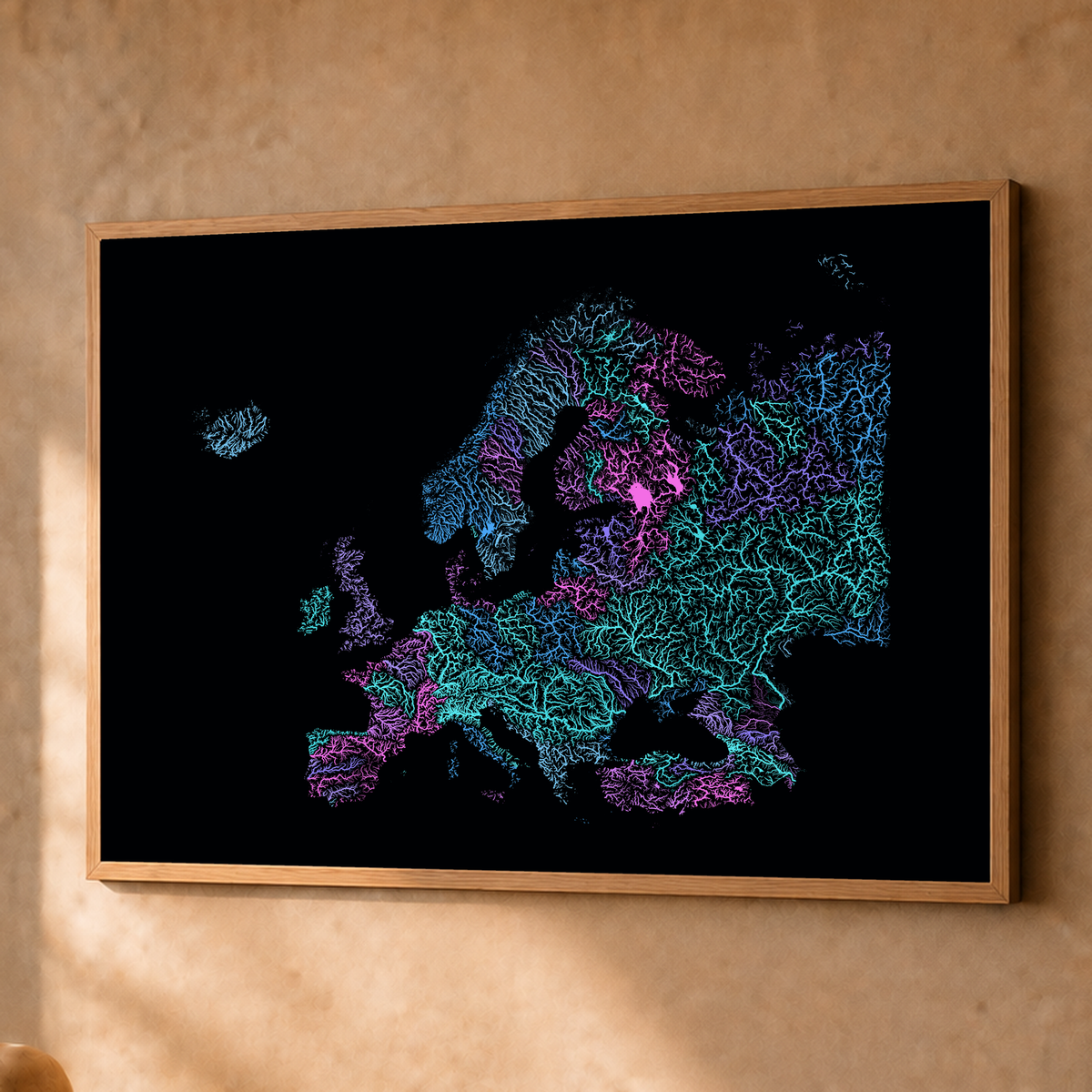 Beautiful Rivers — Europa — Neon hidrográfico, Fine art emoldurado · 60 × 80 cm, Natural · Sem margem