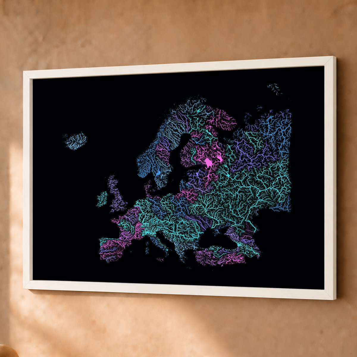 Beautiful Rivers — Europa — Neon hidrográfico, Fine art emoldurado · 60 × 80 cm, Branco · Sem margem