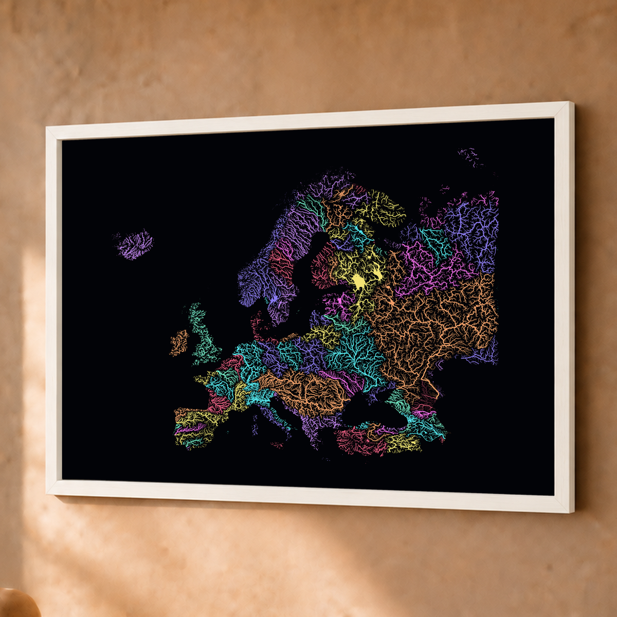 Beautiful Rivers — Europa — Neon por território, Fine art emoldurado · 45 × 60 cm, Branco · Sem margem