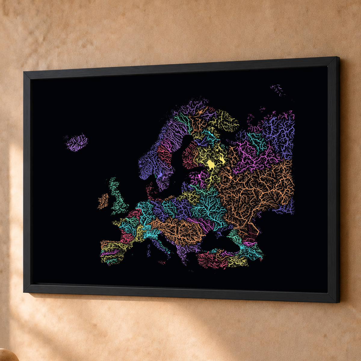 Beautiful Rivers — Europa — Neon por território, Fine art emoldurado · 60 × 80 cm, Preto · Sem margem
