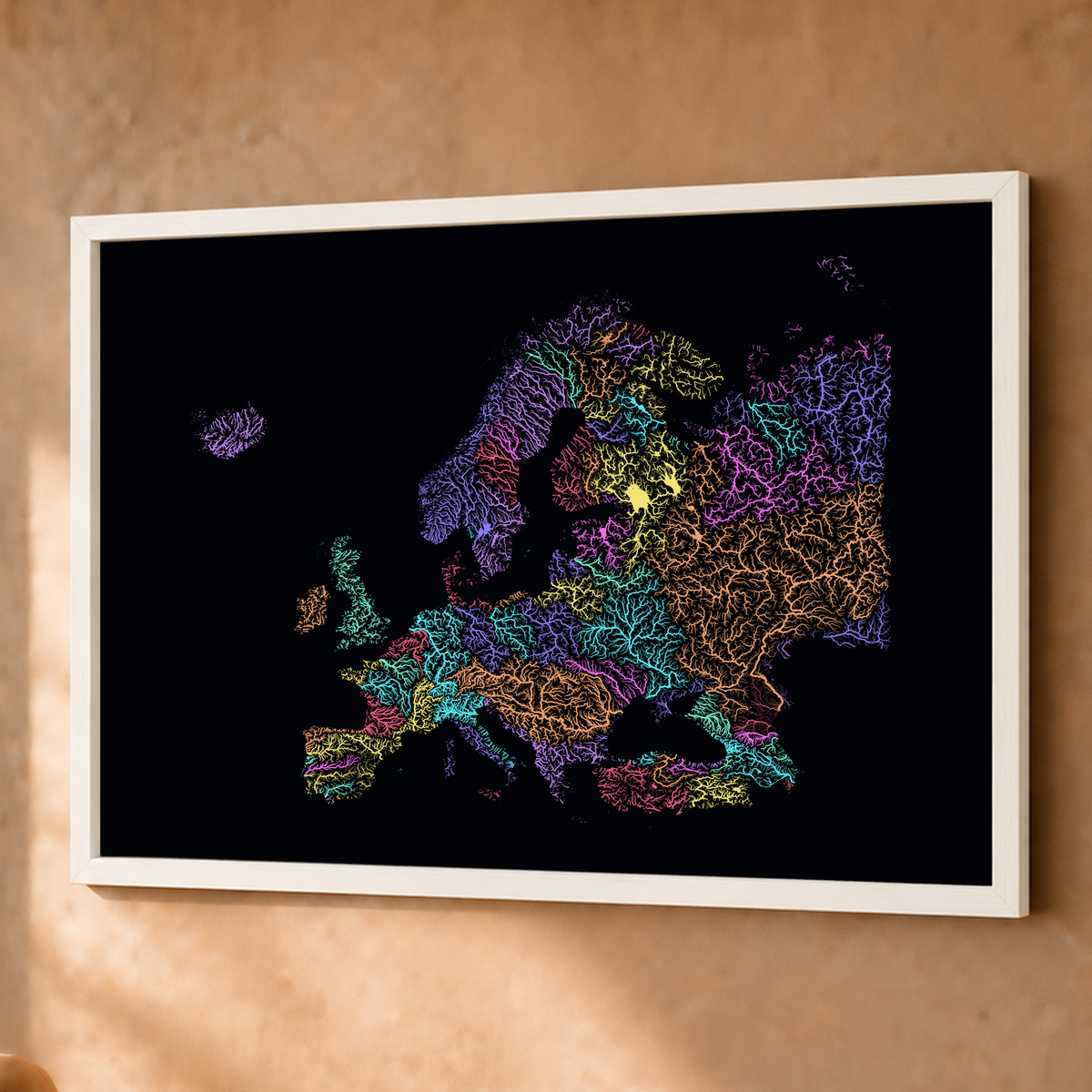 Beautiful Rivers — Europa — Neon por território, Fine art emoldurado · 60 × 80 cm, Branco · Sem margem