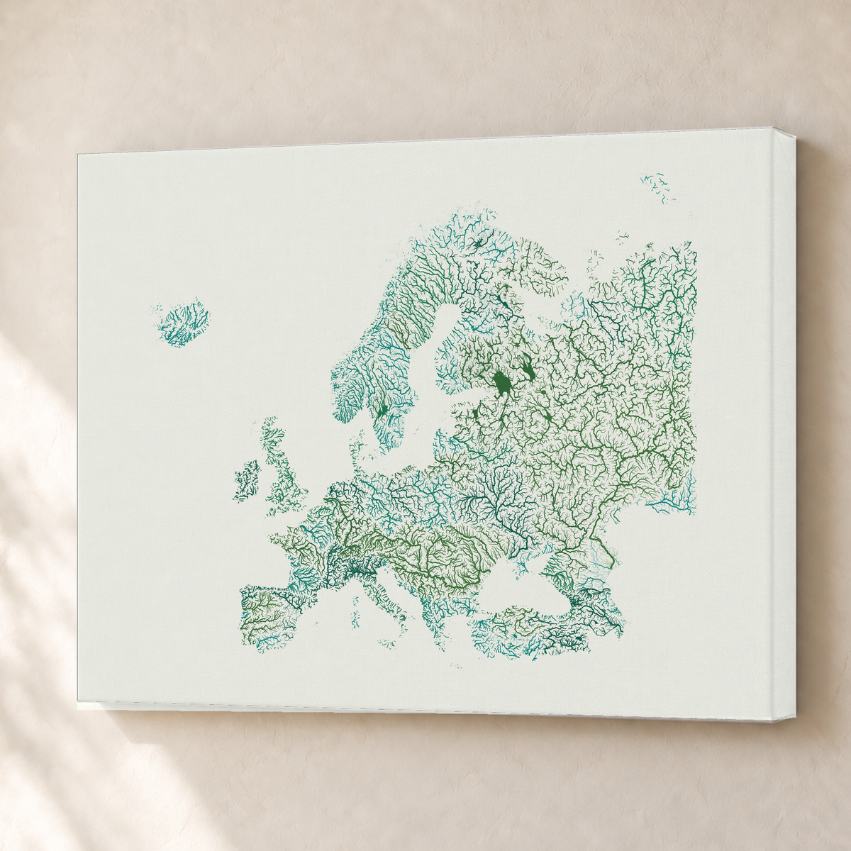 Beautiful Rivers — Europa — Verde jade e porcelana, Canvas · 45 × 60 cm, Sem margem
