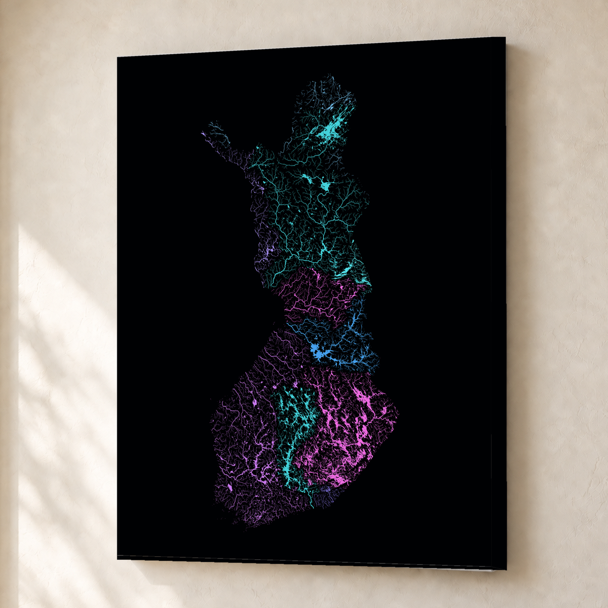 Beautiful Rivers — Finlândia — Neon hidrográfico, Canvas · 30 × 40 cm, Sem margem