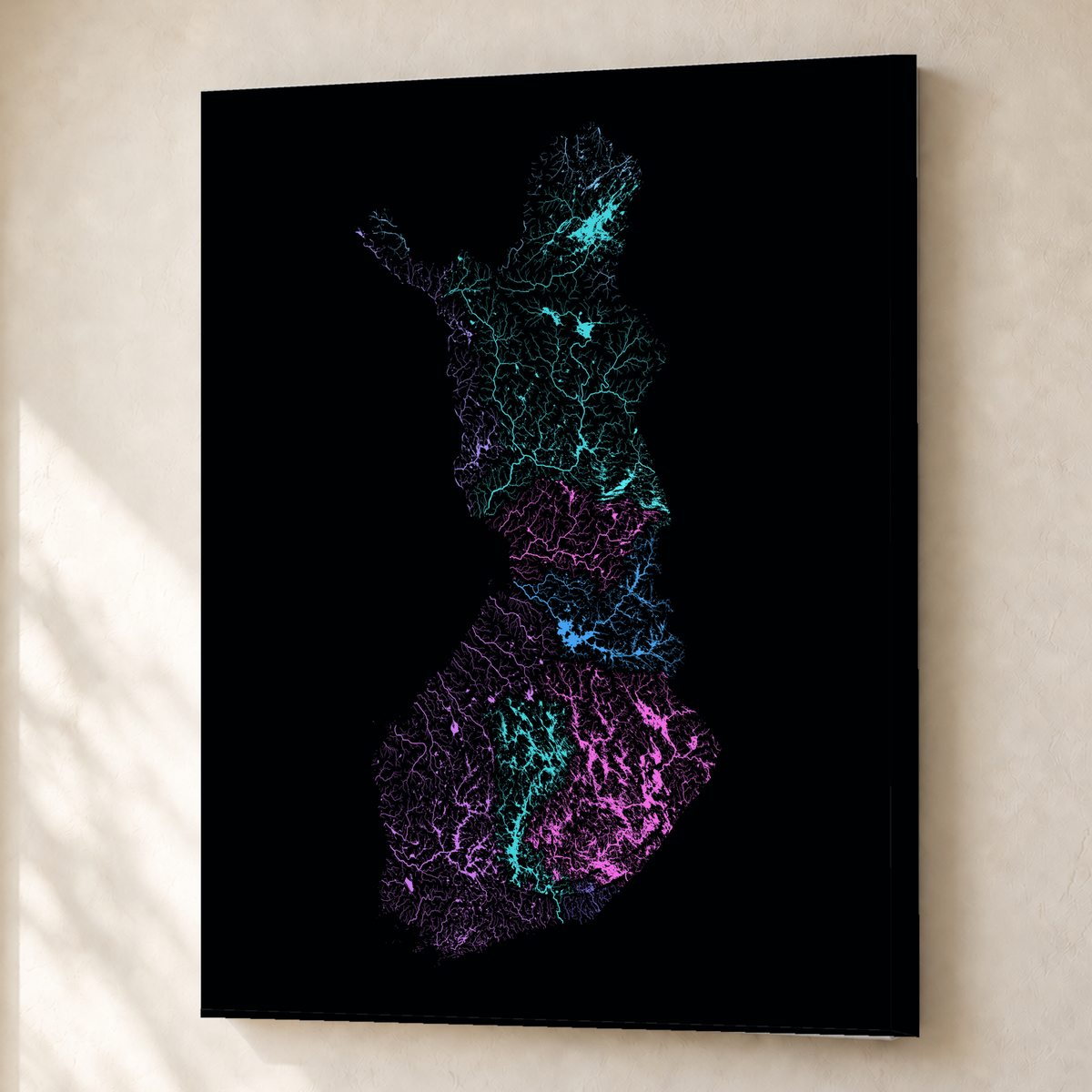 Beautiful Rivers — Finlândia — Neon hidrográfico, Canvas · 45 × 60 cm, Sem margem