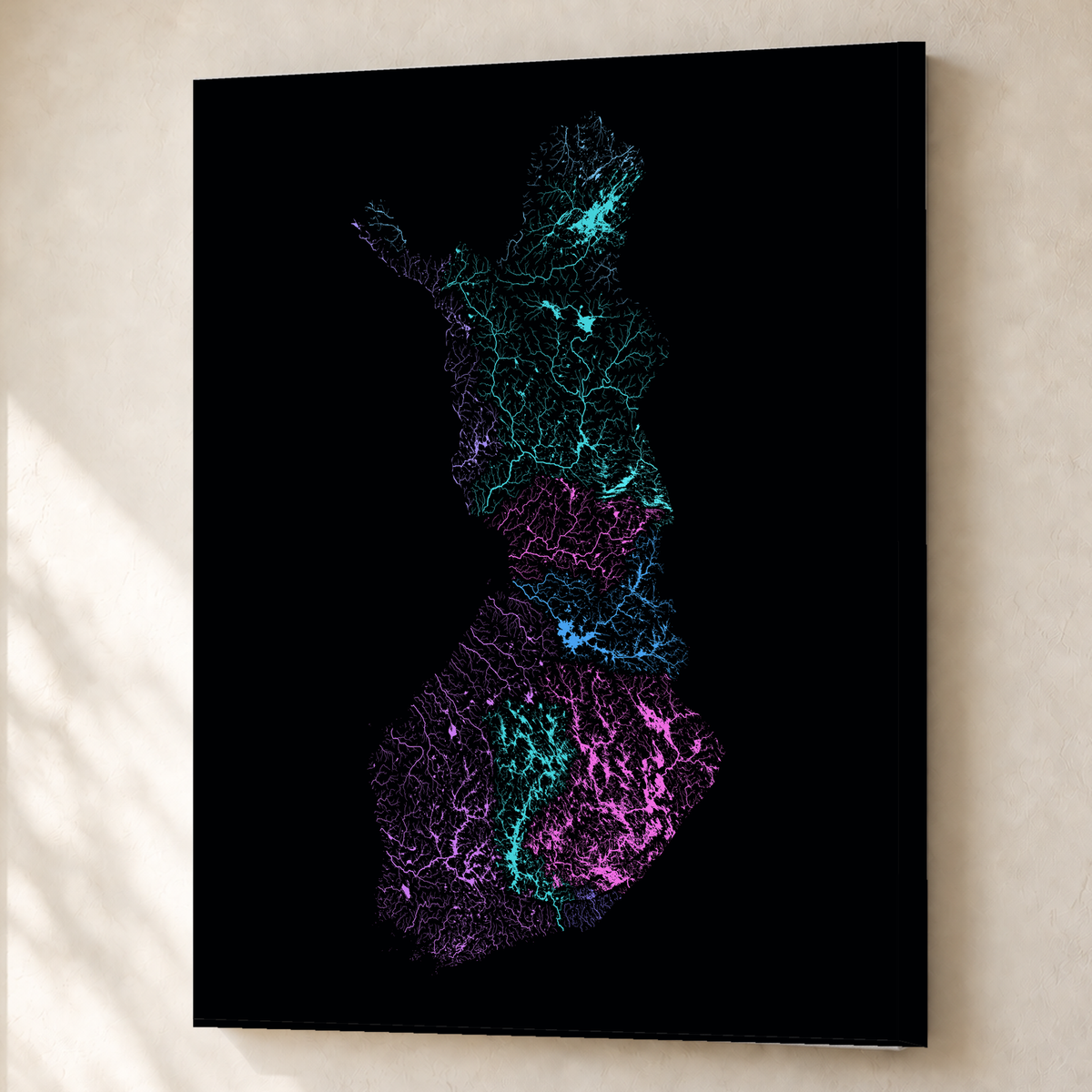 Beautiful Rivers — Finlândia — Neon hidrográfico, Canvas · 60 × 80 cm, Sem margem