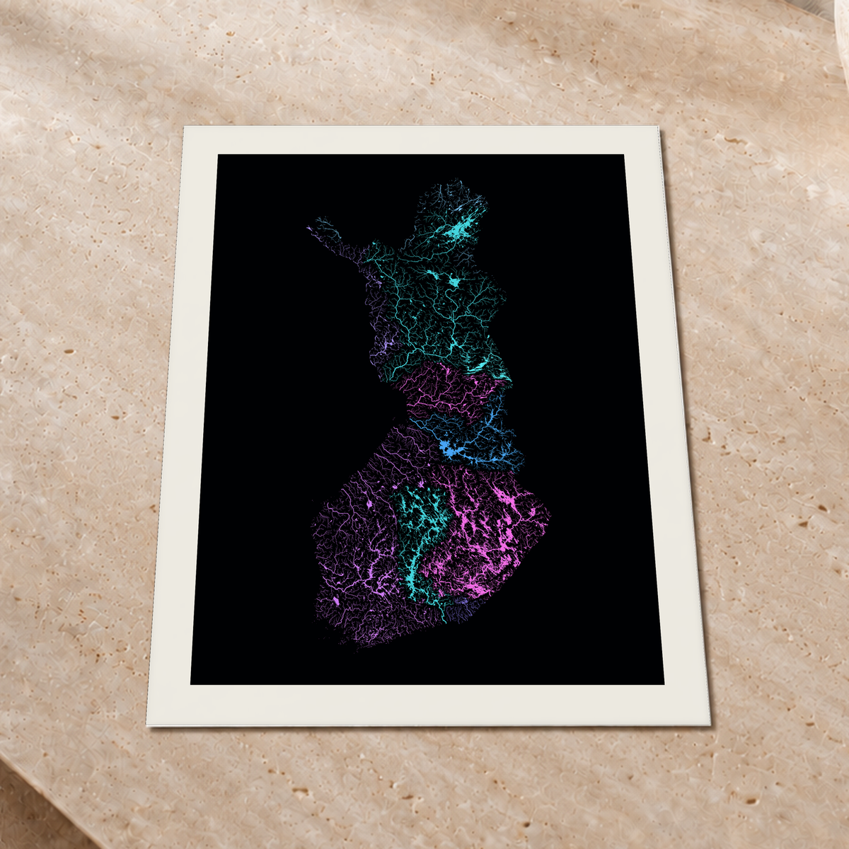 Beautiful Rivers — Finlândia — Neon hidrográfico, Impressão fine art · 45 × 60 cm, Margem branca
