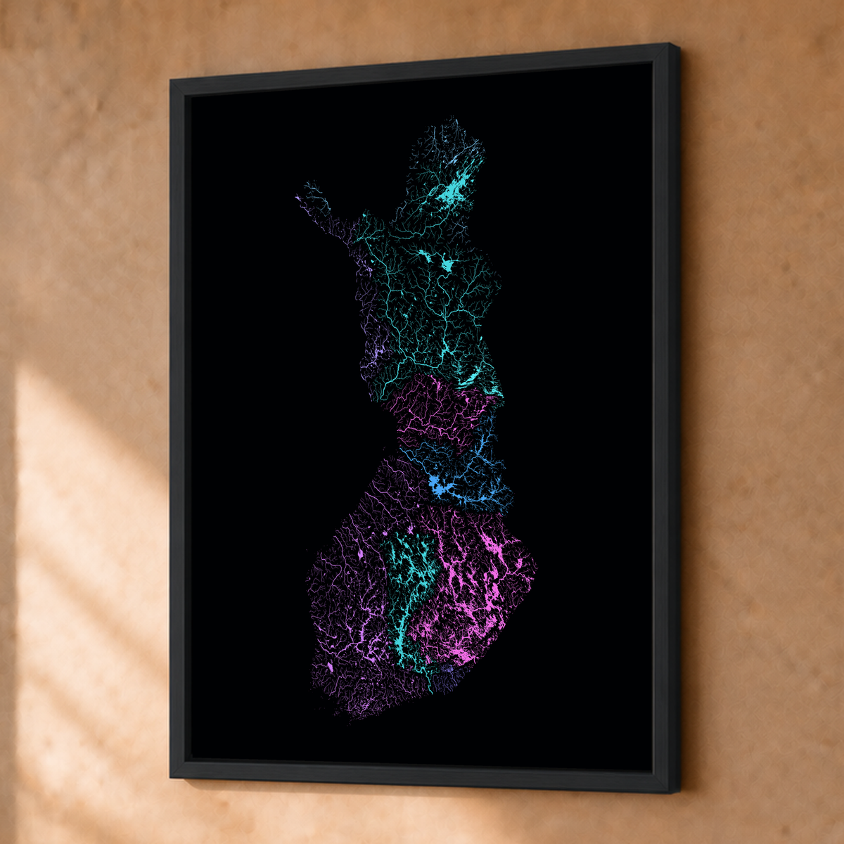 Beautiful Rivers — Finlândia — Neon hidrográfico, Fine art emoldurado · 30 × 40 cm, Preto · Sem margem