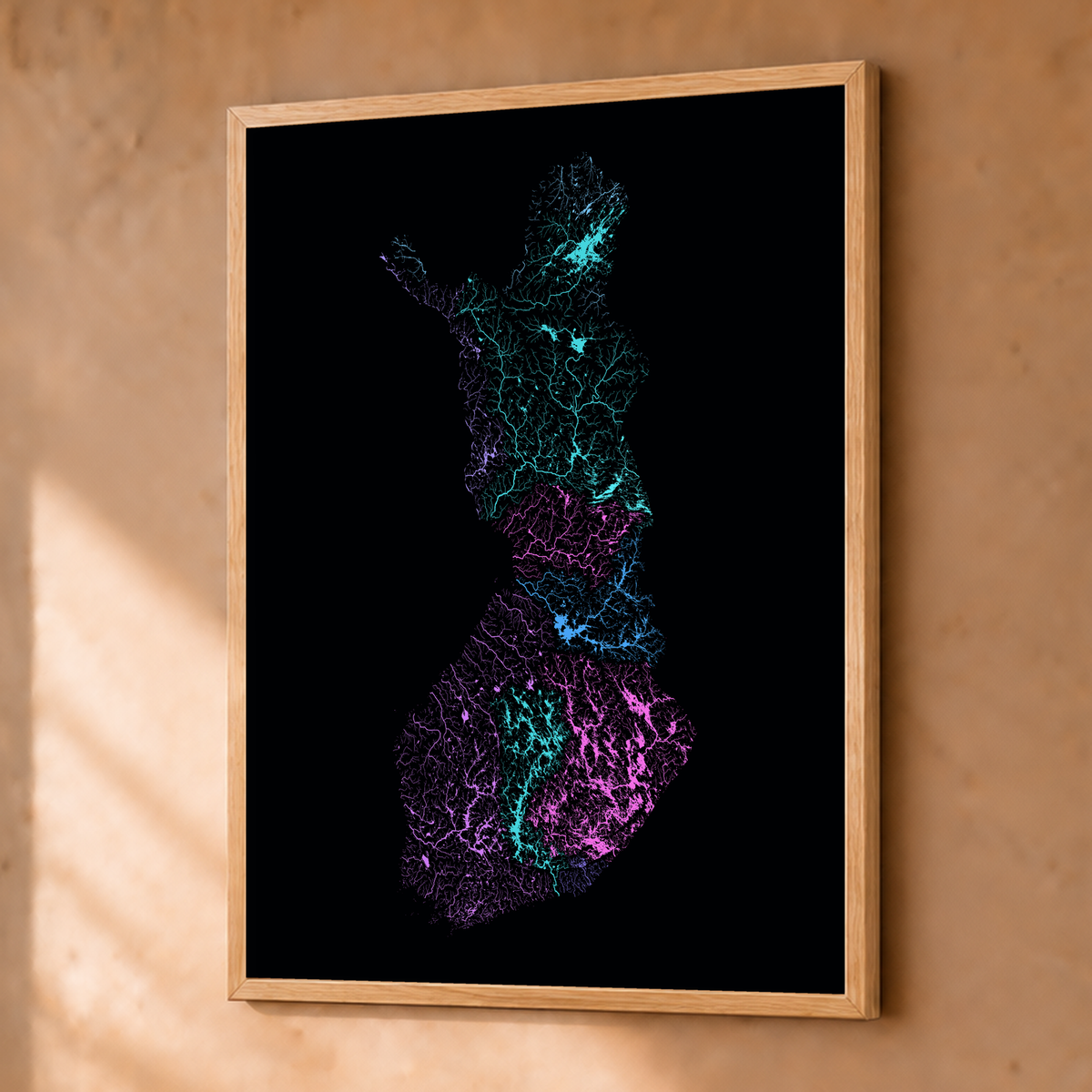 Beautiful Rivers — Finlândia — Neon hidrográfico, Fine art emoldurado · 30 × 40 cm, Natural · Sem margem
