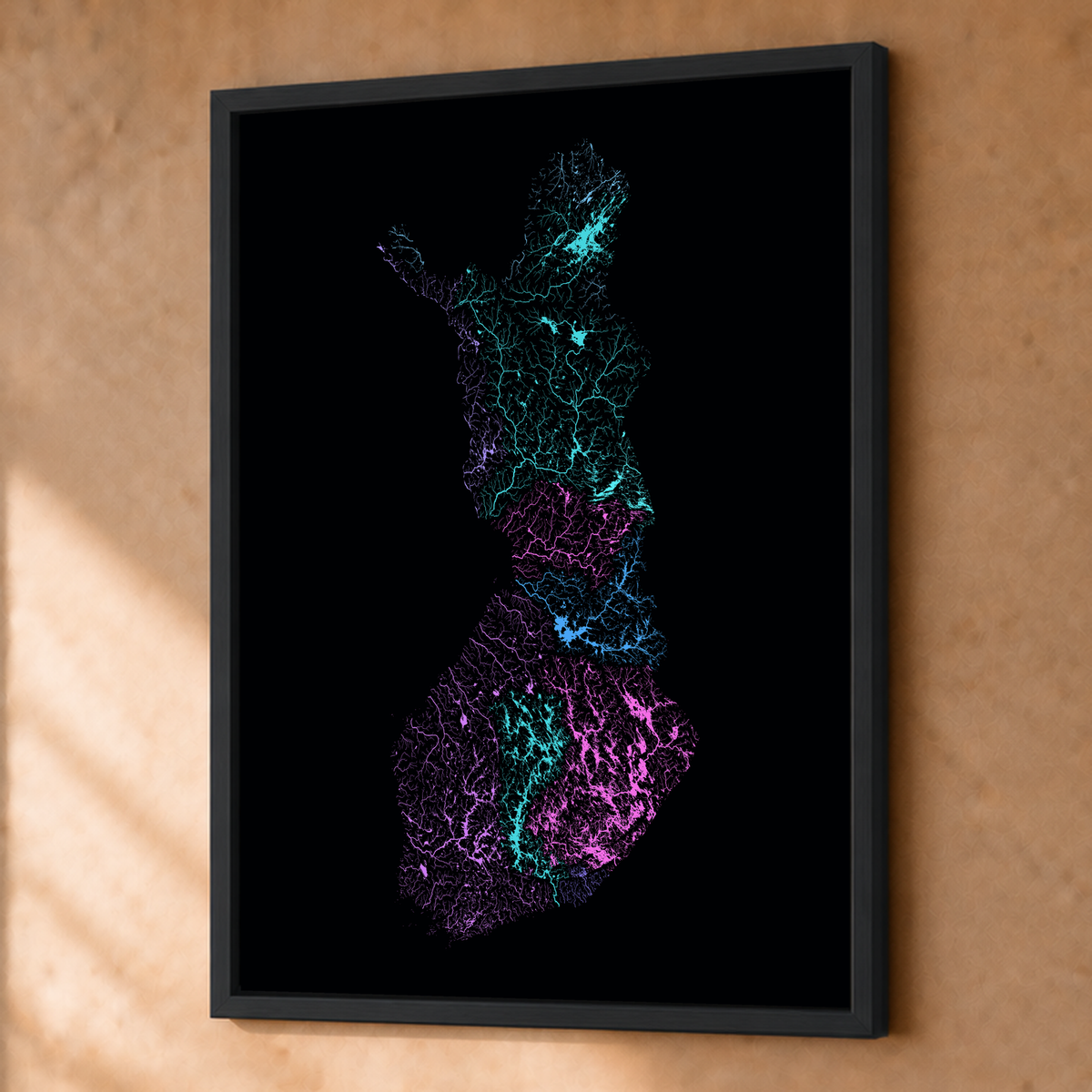 Beautiful Rivers — Finlândia — Neon hidrográfico, Fine art emoldurado · 45 × 60 cm, Preto · Sem margem